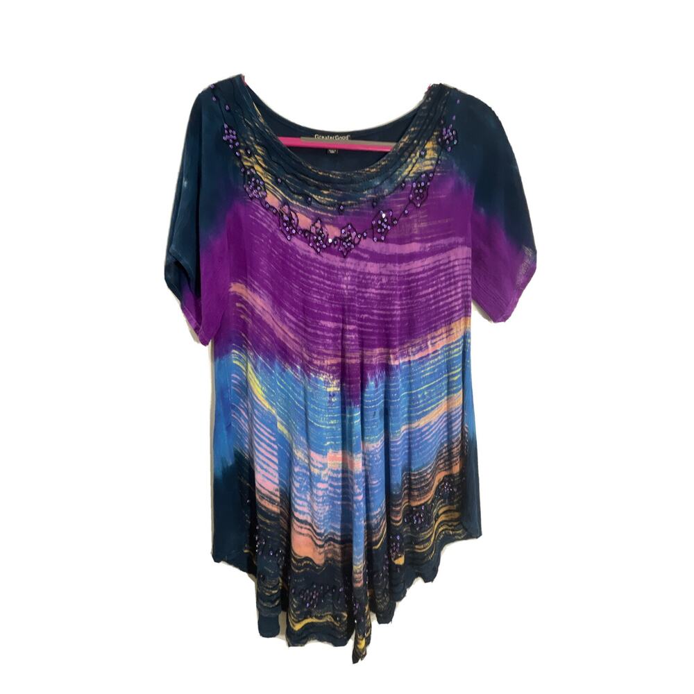 Greater Good Top Womens Free Size OS Purple Multicolor Beaded Festival Tunic